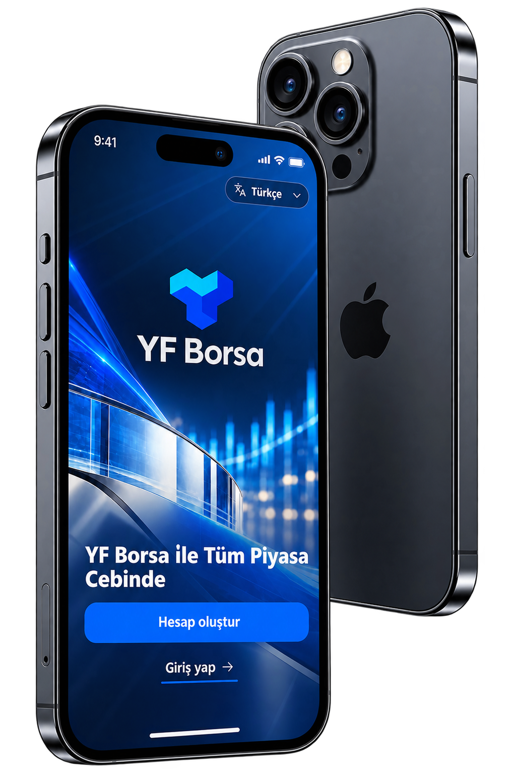 YF Borsa mobil deneyimini gösteren, önde ve arkada iki iPhone cihazı